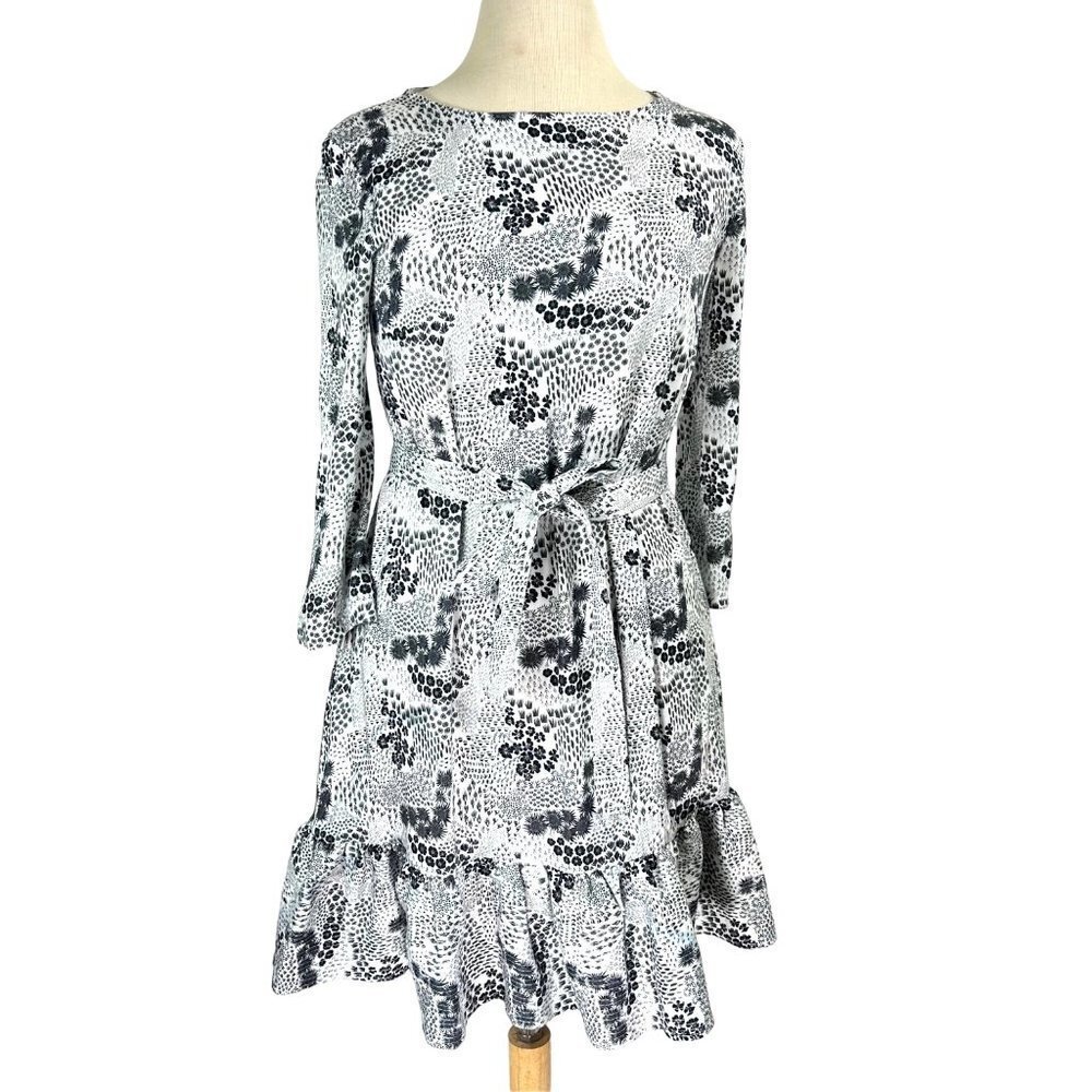 Persifor Dress Women XS Black White Tunic Floral Print Tie Front Gathered Boho